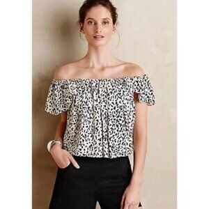 Line & Dot Women Blouse Sz M Black/White Spotted Modern Flutter Slv Off-Shoulder